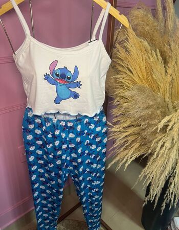 imagem PIJAMA BLOGUERINHA ADULTO CALÇA 3006 AZUL FOLHA BRANCA