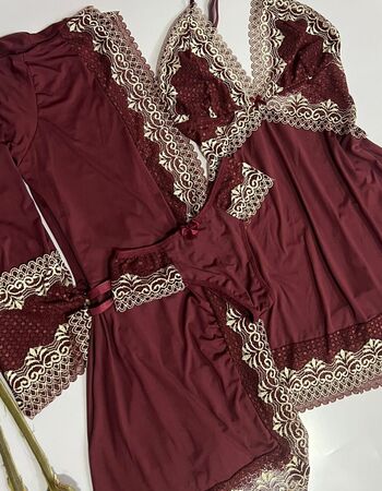 imagem ROBE+ CAMISOLA+CALCINHA 1008 DE MICROFIBRA MARSALA COM NUDE