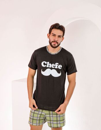 imagem PIJAMA MASCULINO SUED COM MANGA 8672 PRETO VERDE XADREZ