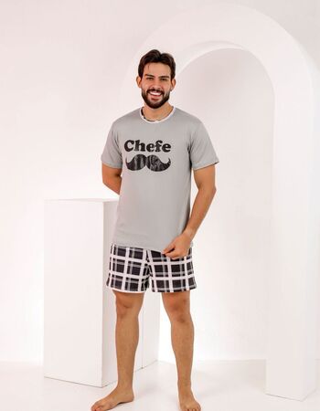 imagem PIJAMA MASCULINO SUED COM MANGA 8672 CINZA XADREZ