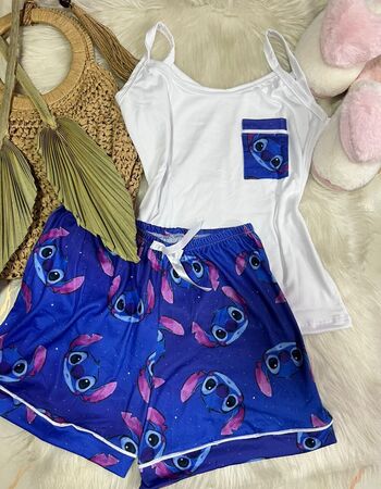 imagem PIJAMA DE SUED ESTAMPADO ALÇA 00698 BRANCO AZUL