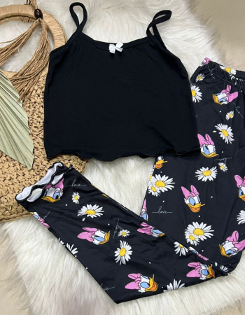 imagem PIJAMA INFANTIL CALCA 000685 PRETA FLOR MARGARIDA
