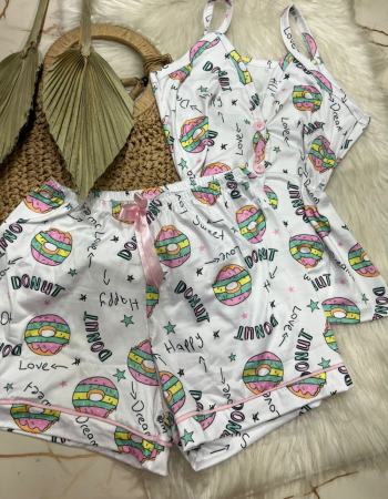 imagem PIJAMA AMERICANO SUED COM ALÇA 000401 BRANCO DONUT