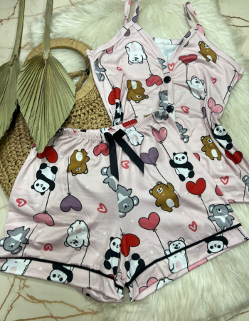 imagem PIJAMA AMERICANO SUED COM ALÇA 000401 ROSA URSO E PANDA