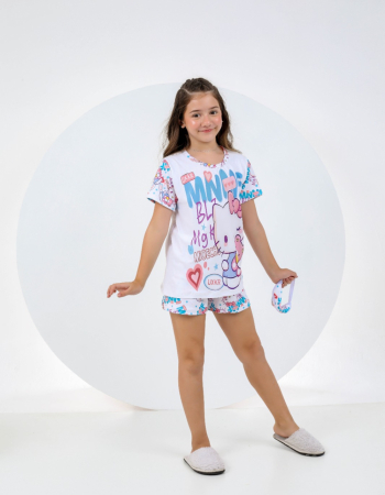 imagem PIJAMA INFANTIL MENINA MANGA SUED 000704 BRANCO AZUL CAT