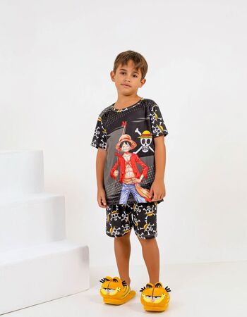 imagem ACOMPANHA TAPA OLHO PIJAMA INFANTIL MASCULINO SUED 772 PRETO CAVEIRA