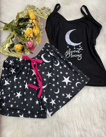 imagem PIJAMA DE SUED ESTAMPADO 631 LUA ESTRELA PRETO