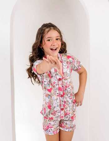 imagem PIJAMA INFANTIL FEMININO AMERICANO SUED 741 CAT BRANCO