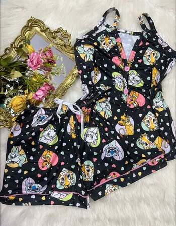 imagem PIJAMA AMERICANO SUED COM ALÇA 626 CAT PRETO CORACAO