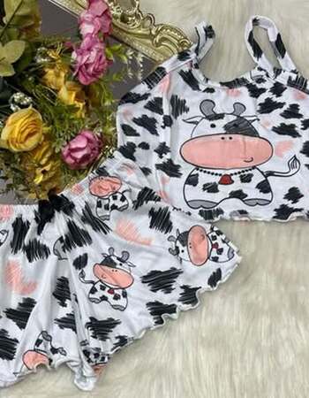 imagem PIJAMA INFANTIL FEMININO SUED 703 VAQUINHA BRANCO PRETO
